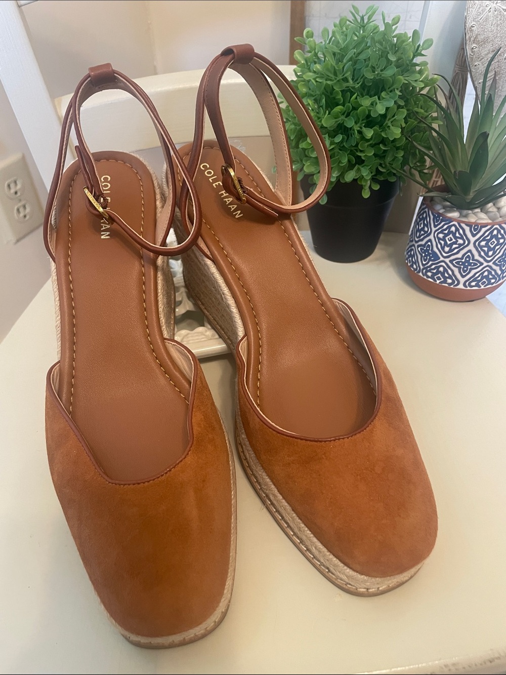 Cole Haan Women's Cognac Suede Espadrille Wedge Sandals Sz 10.5 NEW